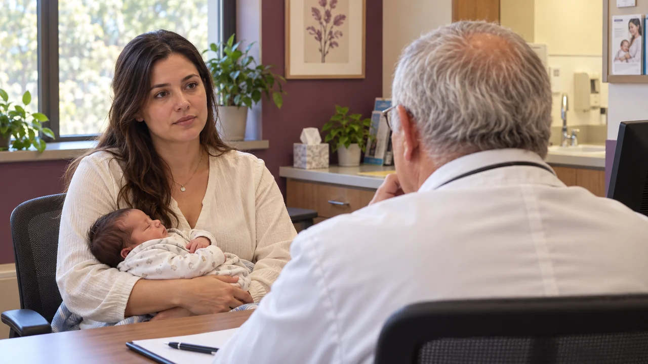 Klinikte doğum sonrası kontrol görüşmesine katılan anne ve bebeğin temsili görseli